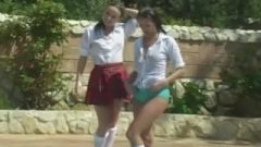 School-girls Pushing One Another In Pool, Then Stripping